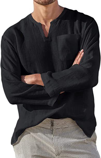 Men's Long Sleeve V-neck Casual Beach Linen