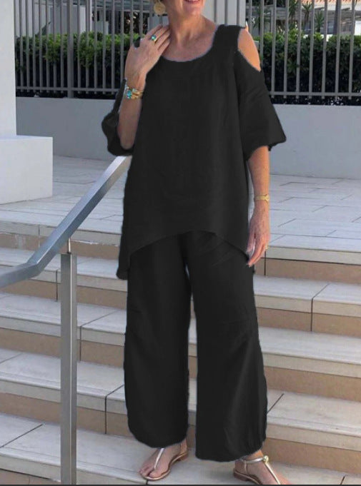 Solid Color Fashion Round Neck Pullover Cotton Linen Short Sleeve Pants Set