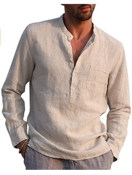 Men's Long Sleeved V Neck Casual Beach Linen Shirt
