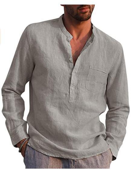 Men's Long Sleeved V Neck Casual Beach Linen Shirt
