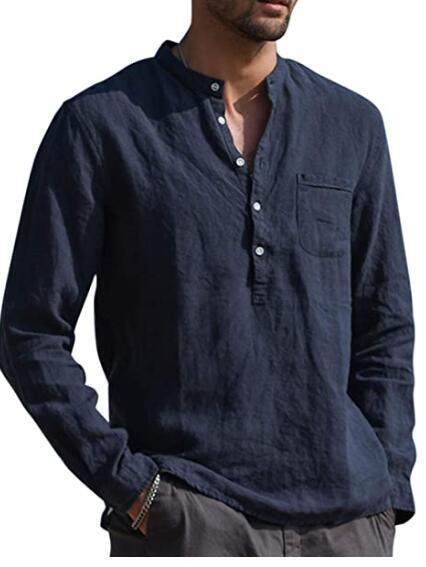 Men's Long Sleeved V Neck Casual Beach Linen Shirt