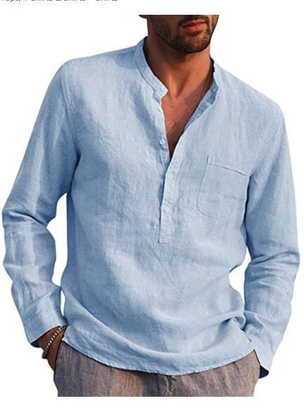 Men's Long Sleeved V Neck Casual Beach Linen Shirt