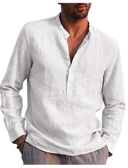 Men's Long Sleeved V Neck Casual Beach Linen Shirt