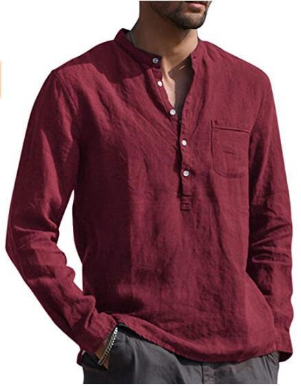 Men's Long Sleeved V Neck Casual Beach Linen Shirt