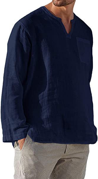 Men's Long Sleeve V-neck Casual Beach Linen