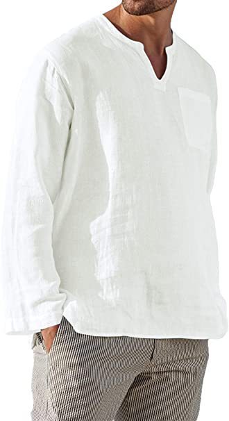 Men's Long Sleeve V-neck Casual Beach Linen