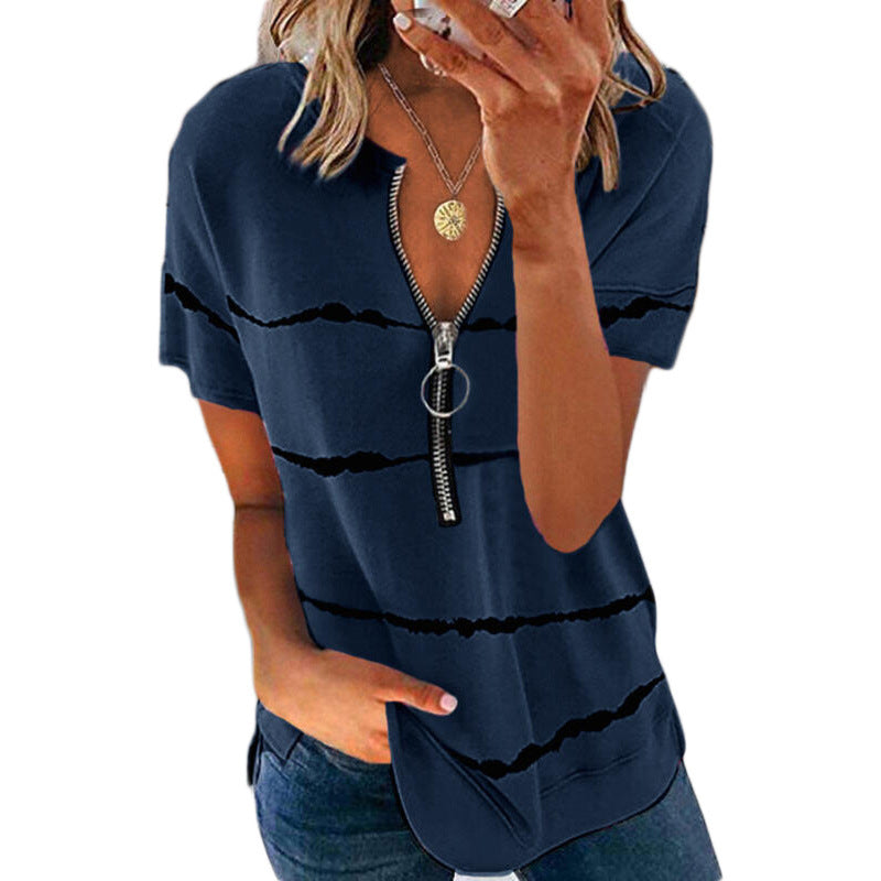 Women's Loose Short Sleeve Zipper Printed Striped T-Shirt Women