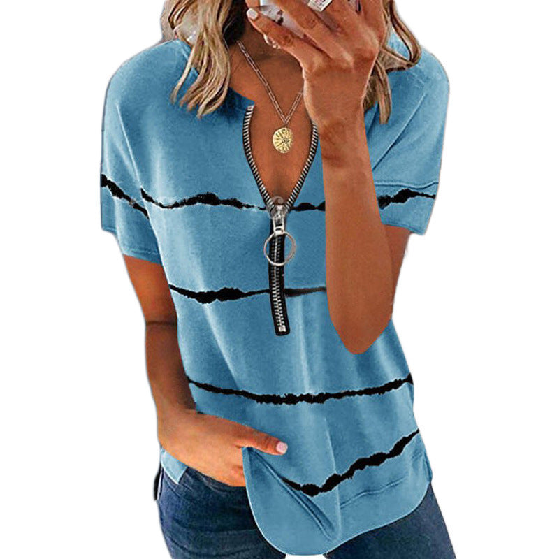 Women's Loose Short Sleeve Zipper Printed Striped T-Shirt Women