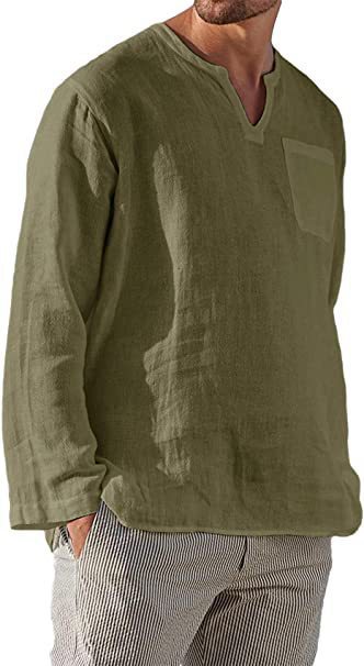 Men's Long Sleeve V-neck Casual Beach Linen