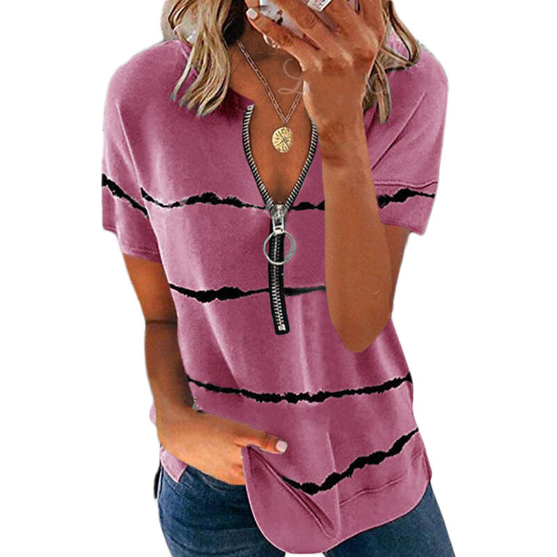 Women's Loose Short Sleeve Zipper Printed Striped T-Shirt Women