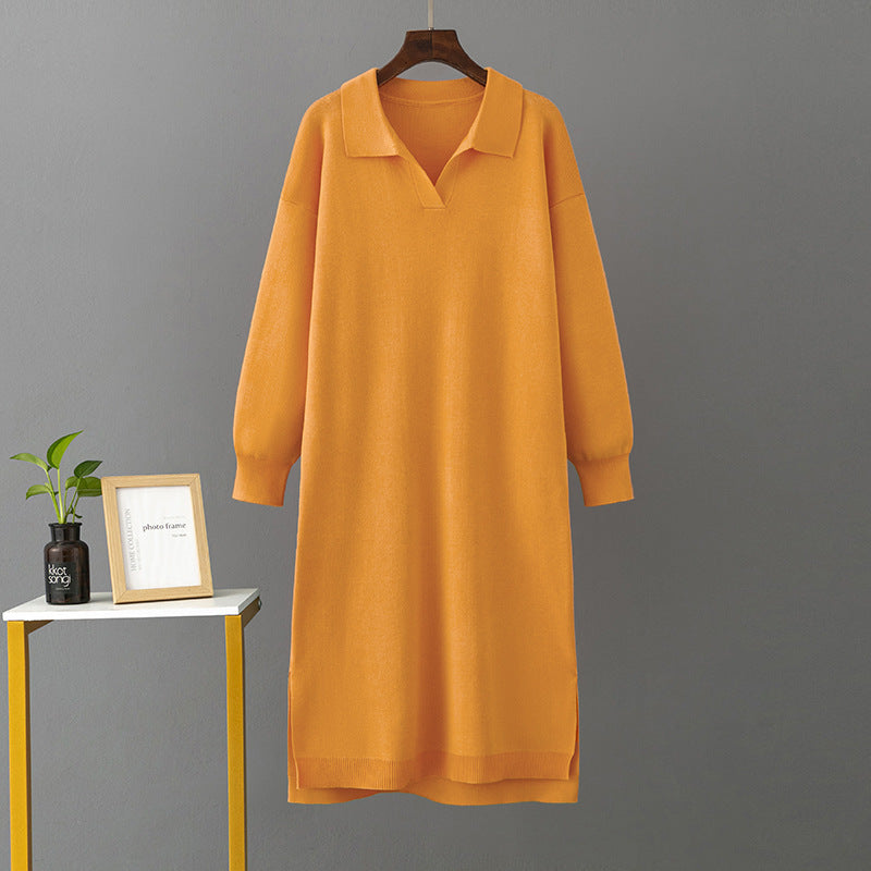 Polo Collar Loose Base Knitting Long Dress