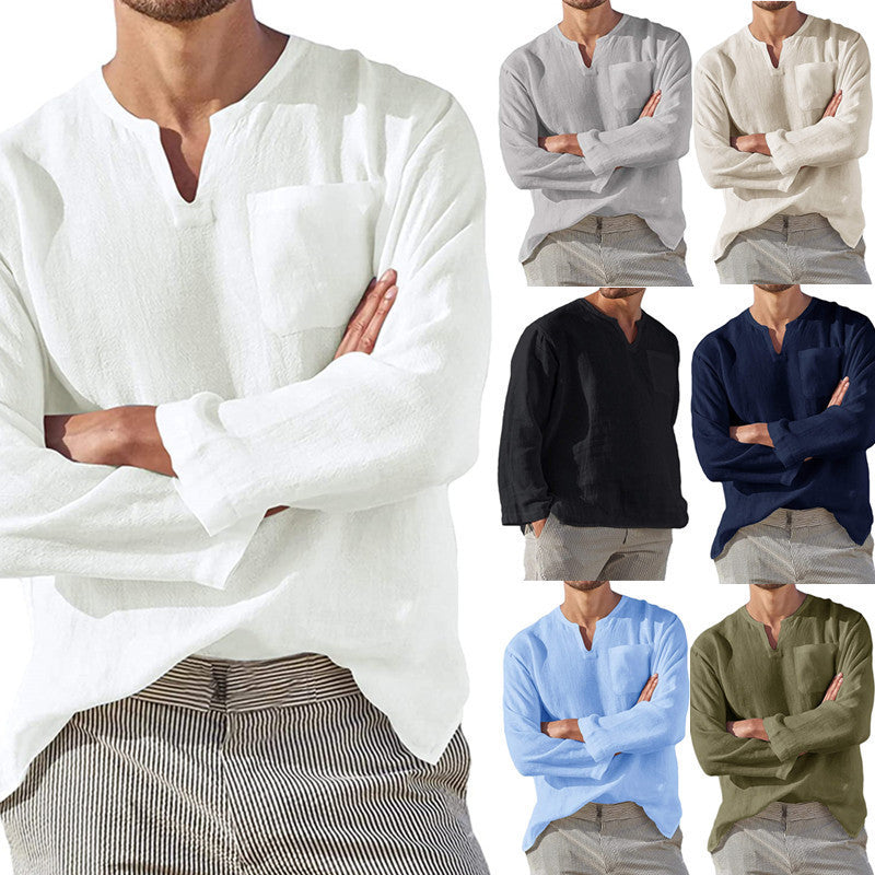 Men's Long Sleeve V-neck Casual Beach Linen