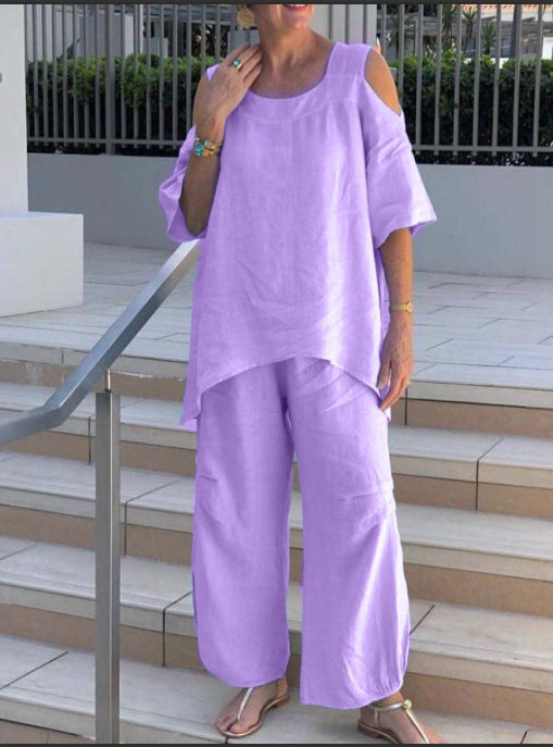 Solid Color Fashion Round Neck Pullover Cotton Linen Short Sleeve Pants Set
