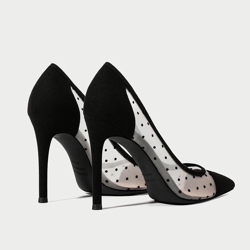 Pointed Toe Breathable Mid-heel Hollow Polka-dot Shallow Mouth Single Shoes Women