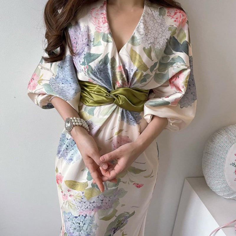 French Elegant V-neck Decor Kink Dress