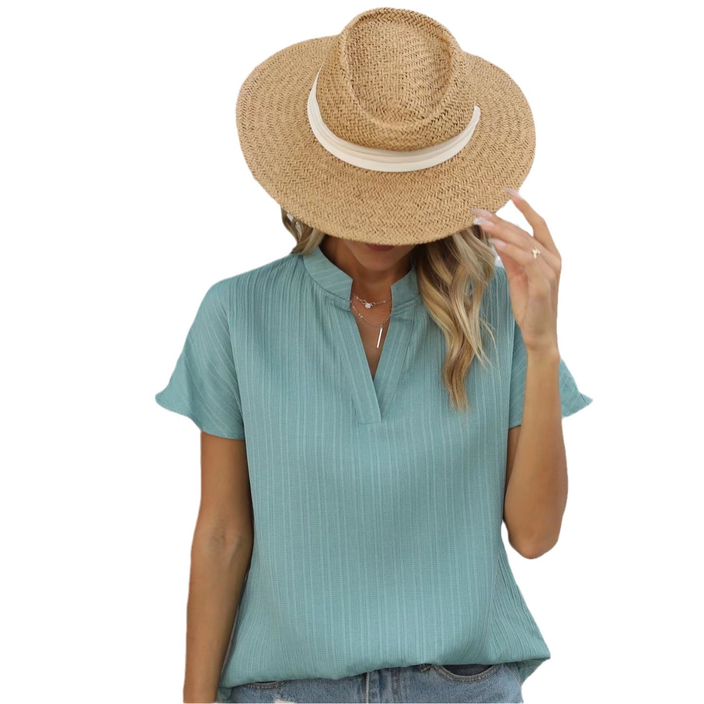 Fashion Women's Wear - Chiffon Open Tube Stand Collar T-shirt