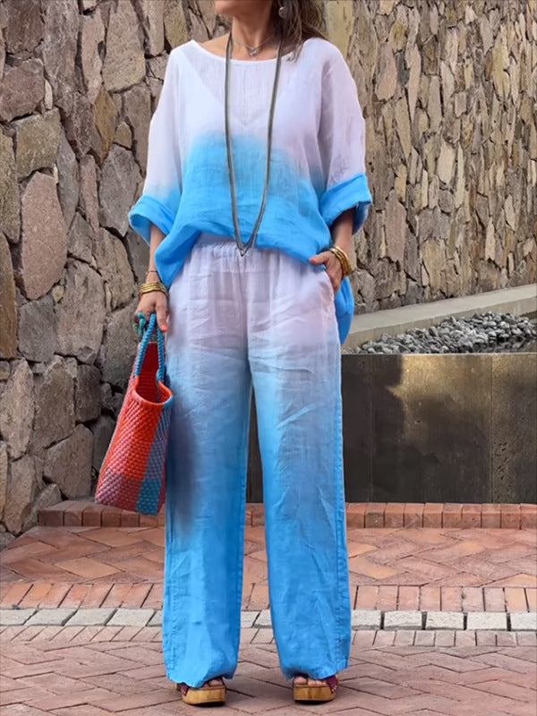 Women's Fashion Cotton Linen Gradient Two-piece Set
