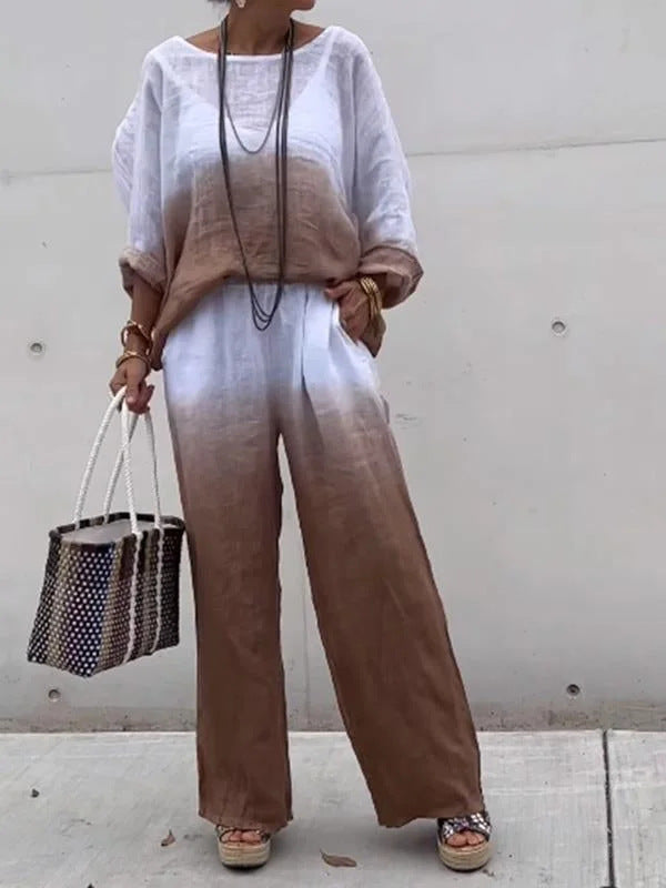 Women's Fashion Cotton Linen Gradient Two-piece Set