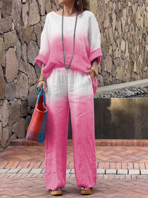 Women's Fashion Cotton Linen Gradient Two-piece Set