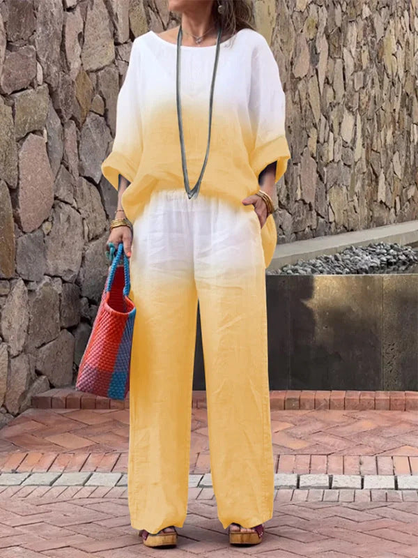 Women's Fashion Cotton Linen Gradient Two-piece Set