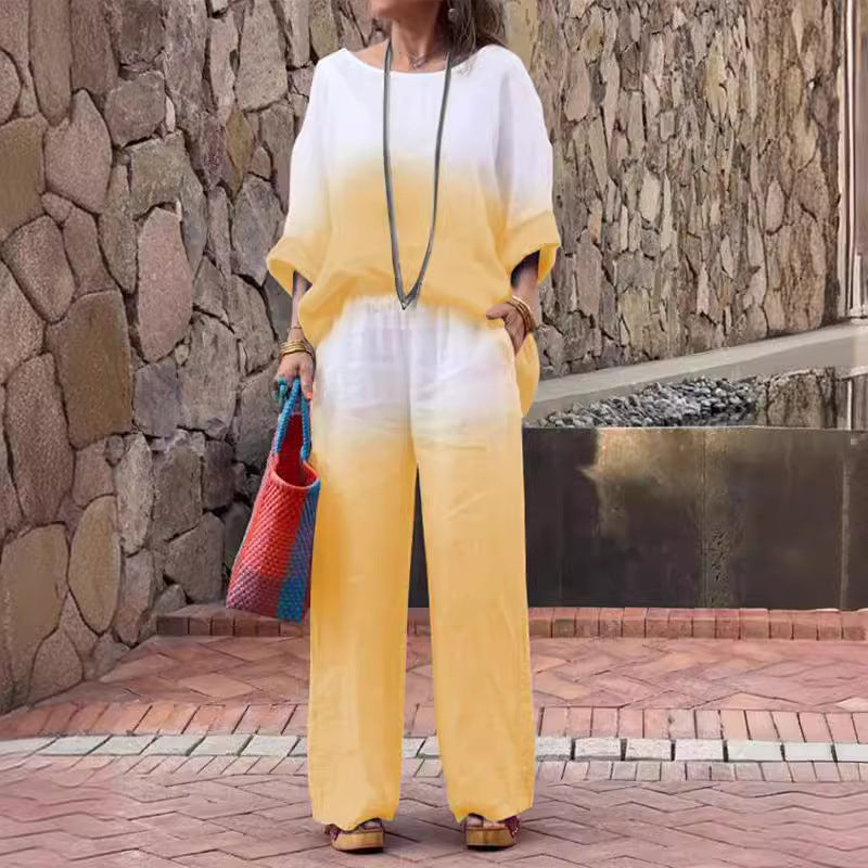 Women's Fashion Cotton Linen Gradient Two-piece Set