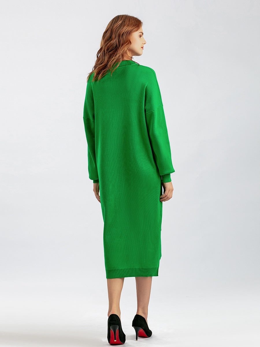 Polo Collar Loose Base Knitting Long Dress