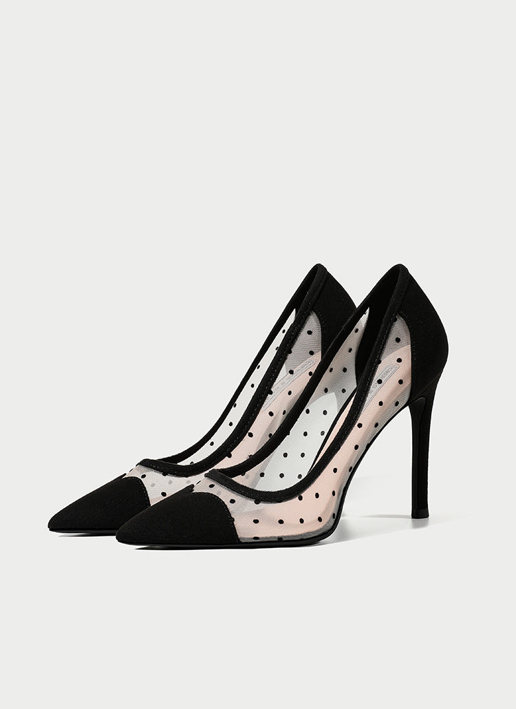 Pointed Toe Breathable Mid-heel Hollow Polka-dot Shallow Mouth Single Shoes Women