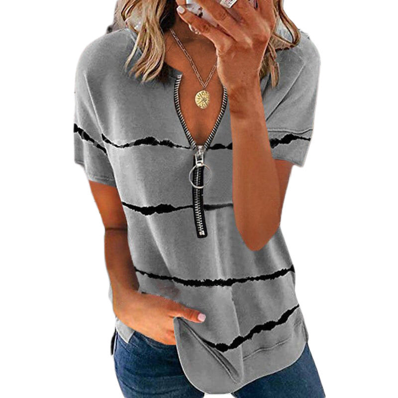 Women's Loose Short Sleeve Zipper Printed Striped T-Shirt Women