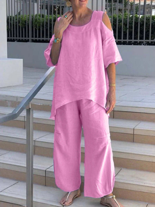 Solid Color Fashion Round Neck Pullover Cotton Linen Short Sleeve Pants Set