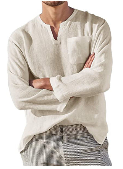 Men's Long Sleeve V-neck Casual Beach Linen