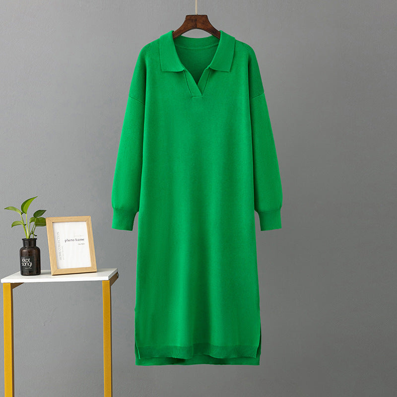 Polo Collar Loose Base Knitting Long Dress