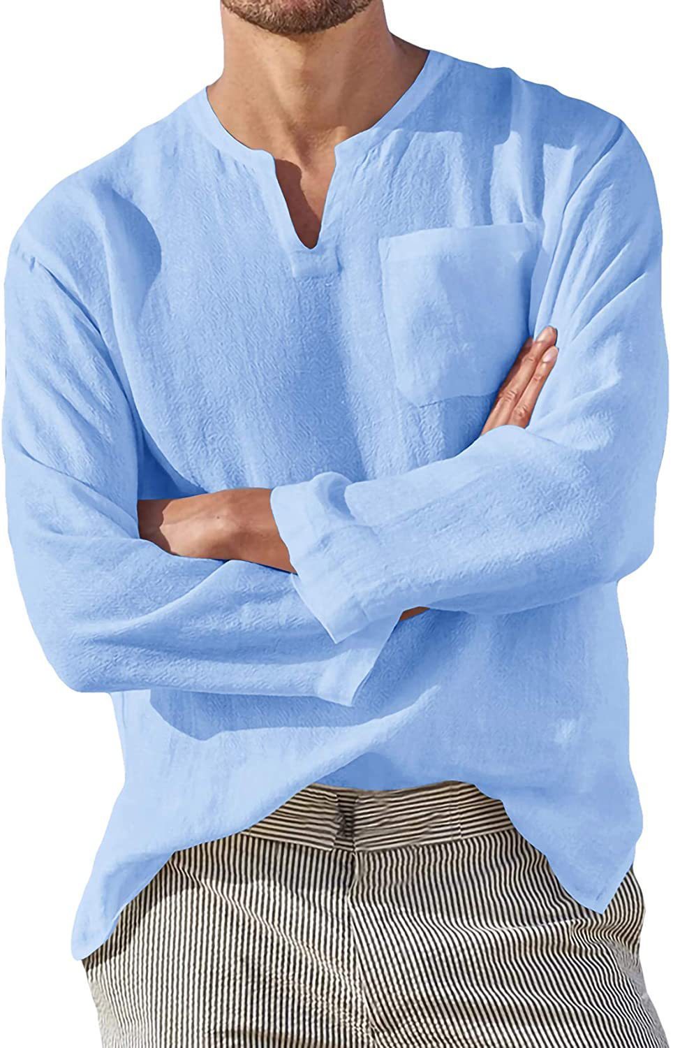 Men's Long Sleeve V-neck Casual Beach Linen