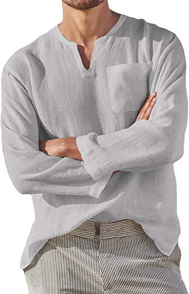 Men's Long Sleeve V-neck Casual Beach Linen