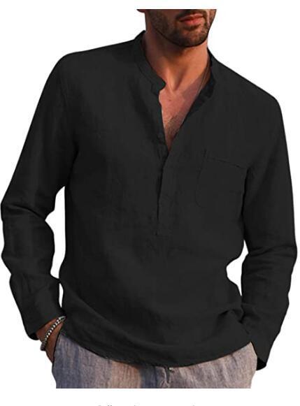 Men's Long Sleeved V Neck Casual Beach Linen Shirt