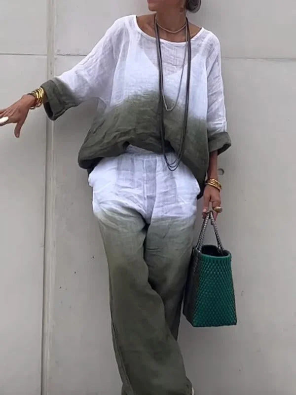 Women's Fashion Cotton Linen Gradient Two-piece Set